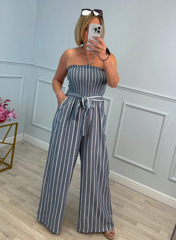 Damen Bandeau Jumpsuit mit weitem Bein und Bindegürtel EB