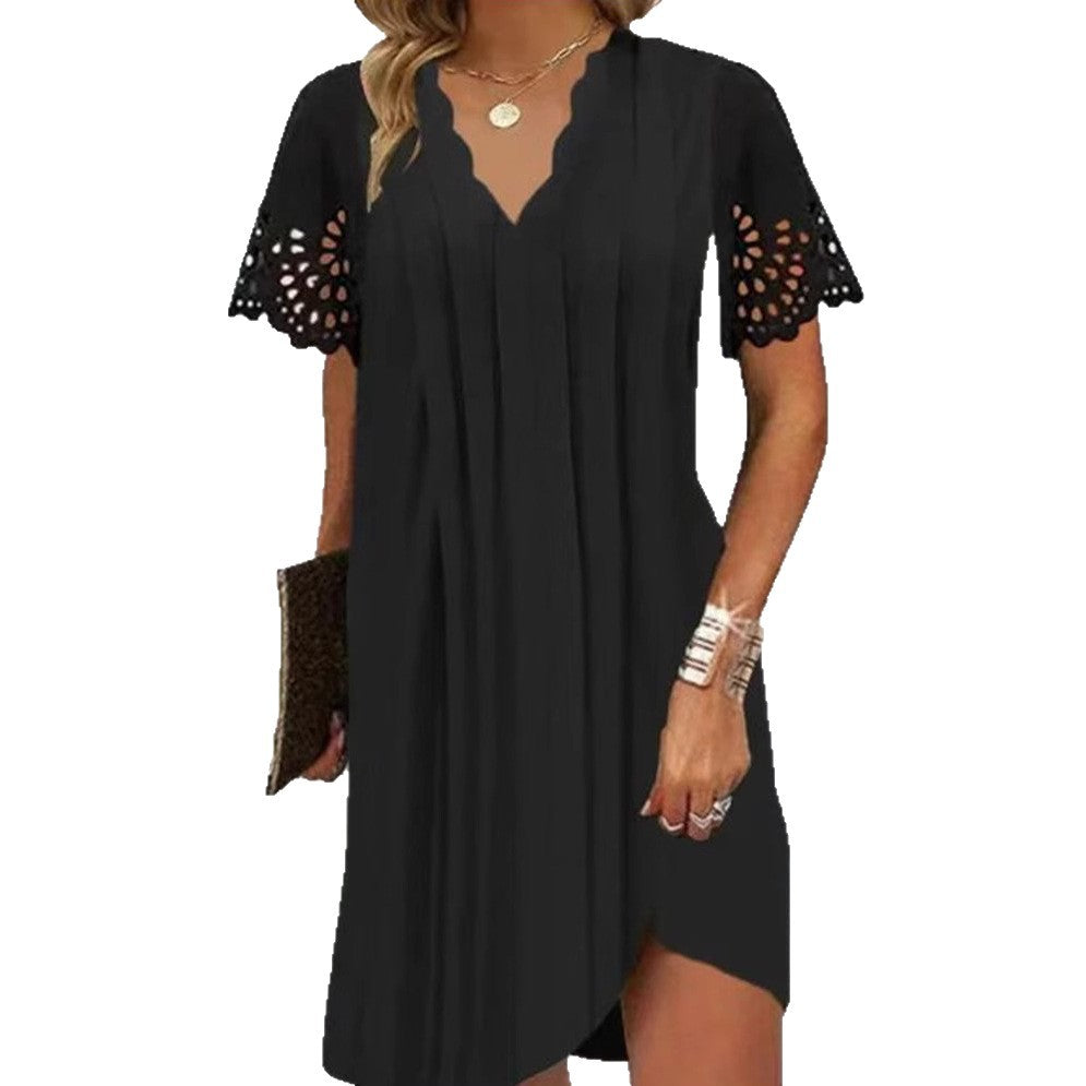 Damen Plissee Kleid mit raffinierten Spitzenärmeln Heidi-Mode