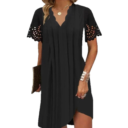 Damen Plissee Kleid mit raffinierten Spitzenärmeln Heidi-Mode