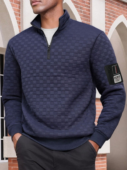 Herren nan strukturierter Stehkragen-Halbzip-Pullover mit Karosteppung, elastischen Bündchen und Ärmel-Patch EB