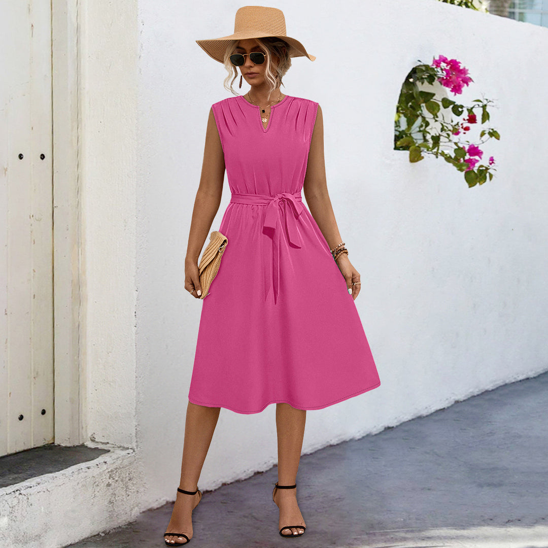 Damen Midi-Kleid mit elegantem Taillengürtel und modischem Faltenrock EB