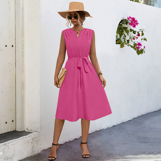 Damen Midi-Kleid mit elegantem Taillengürtel und modischem Faltenrock EB