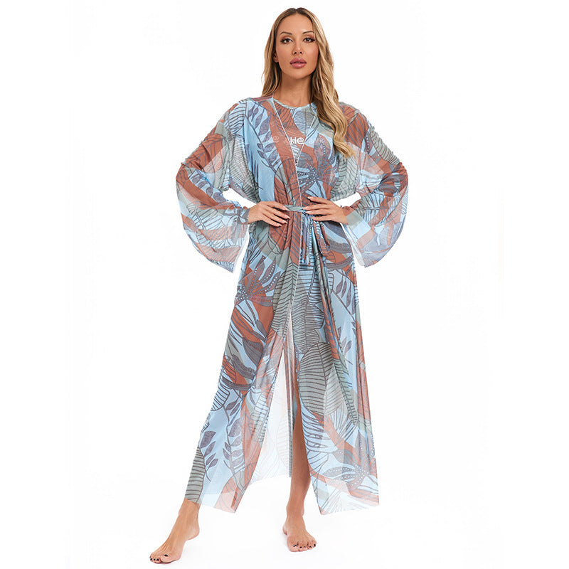 Damen eleganter transparenter Strandkimono mit floralem Design EB