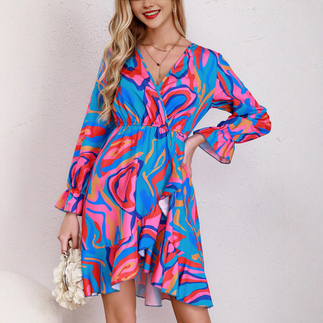 Damen Kurzes Kleid mit Wickeldesign und fröhlichem Muster EB
