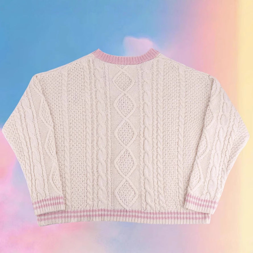 Damen nan gestrickte Cardigan mit Zopfmuster V-Ausschnitt und Herz- und Sternapplikationen EB