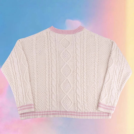 Damen nan gestrickte Cardigan mit Zopfmuster V-Ausschnitt und Herz- und Sternapplikationen EB