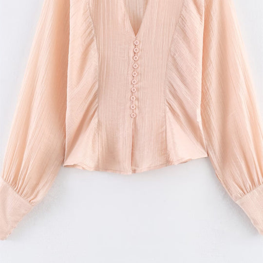 Damen elegante Bluse mit tiefem V-Ausschnitt und strukturierten Ärmeln EB