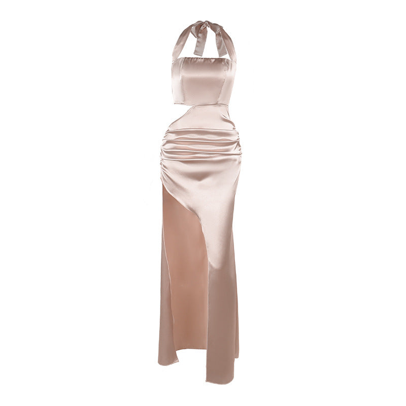 Damen elegantes Halter-Maxikleid mit Drapierungen und hohem Schlitz EB