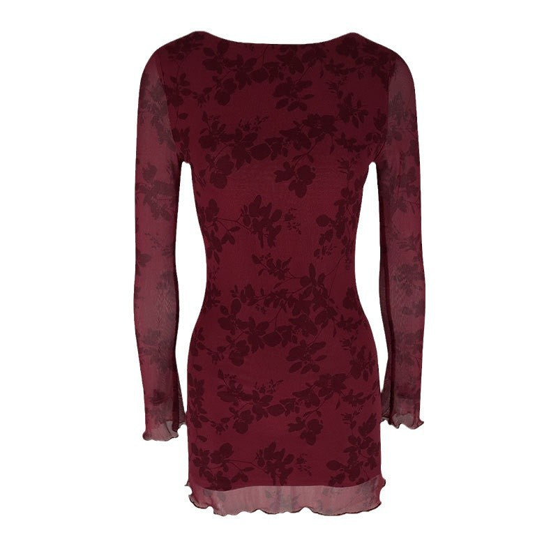 Damen Floral Minikleid mit transparenten Ärmeln EB
