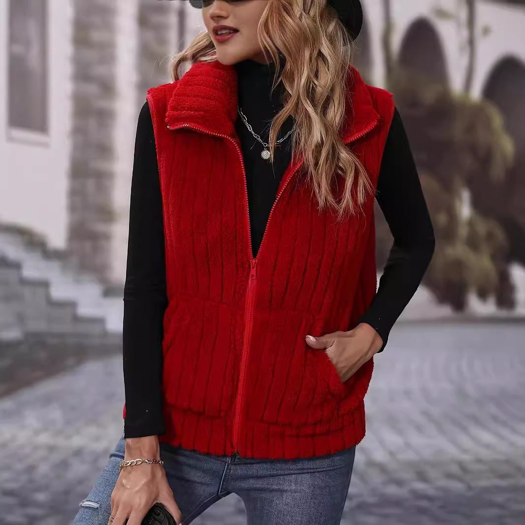 Damen Flauschige Weste mit Karomuster und Taschen EB