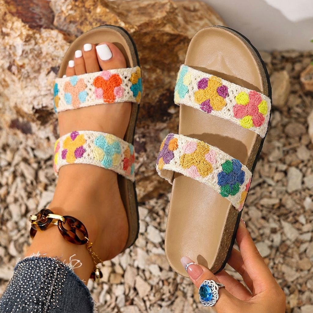 Damen Komfortable Sandalen mit floralem Stickdesign und gepolsterter Sohle EB