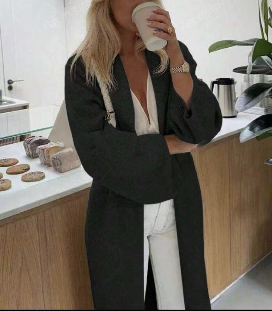 Damen Langer offener Strickmantel-Cardigan mit schulterfreiem Oversize-Schnitt und Kaschmir-Touch EB