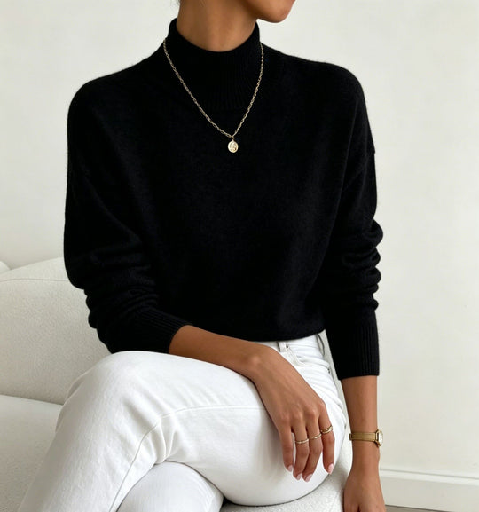 Damen kuscheliger Feinstrickpullover mit Stehkragen und überschnittener Schulter EB