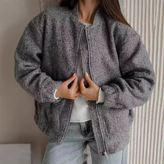 Damen Modische Bomberjacke aus weichem Wollmix mit Extragroßen Ärmeln EB