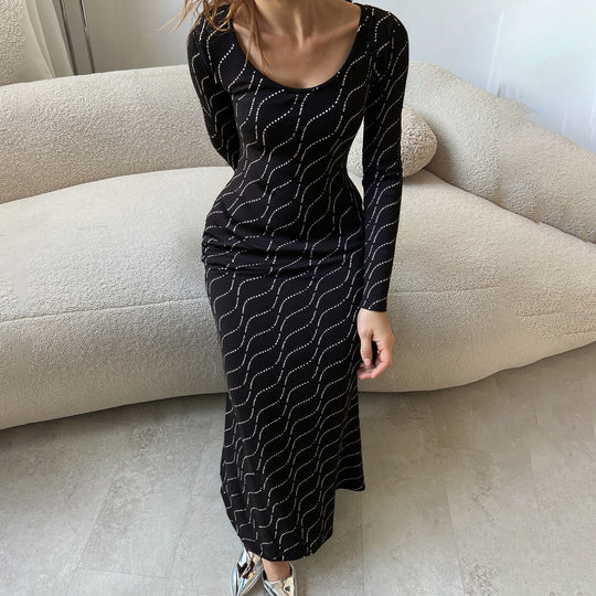 Damen nan langärmeliges Bodycon-Mermaid-Abendkleid mit Wellen-Strassbesatz EB