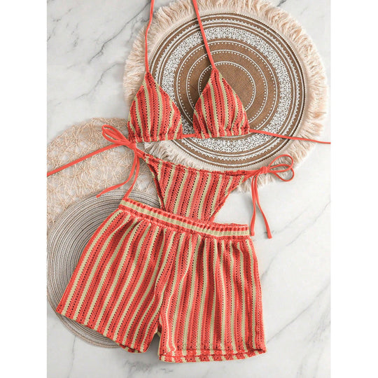 Damen Zweiteiliges Freizeitbadeoutfit mit verstellbarem Oberteil und elastischen Shorts EB