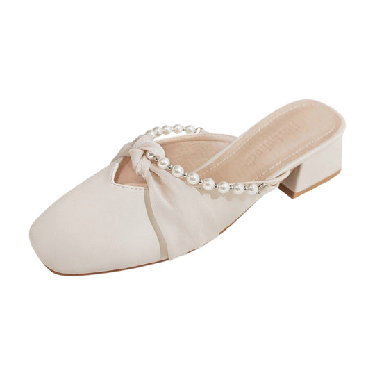 Damen Elegante Mules mit modischem Perlenverzierung und kreativen Schleifen EB