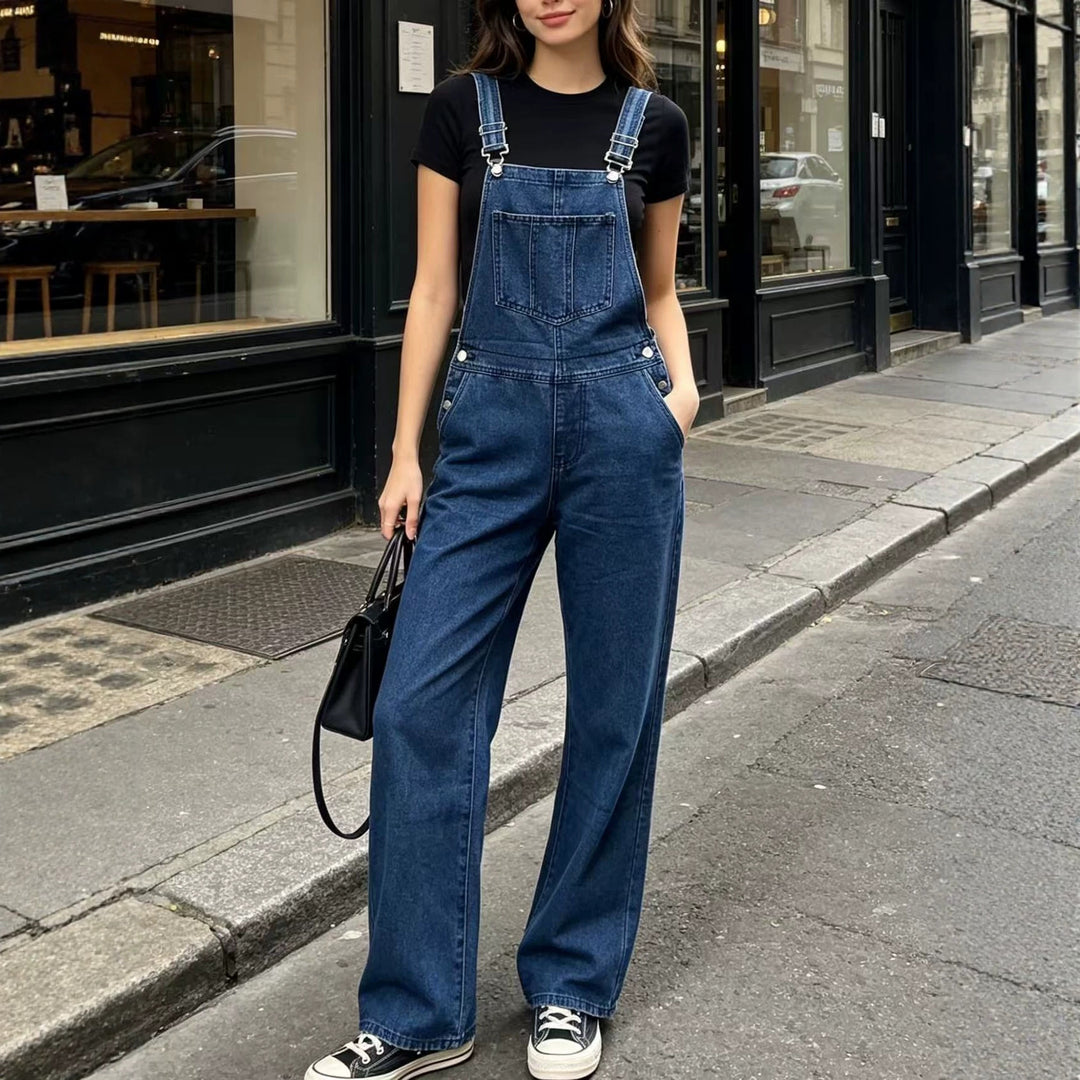 Damen nan weite Denim-Latzhose mit hoher Taille, verstellbaren Trägern und lässigem Schlag EB
