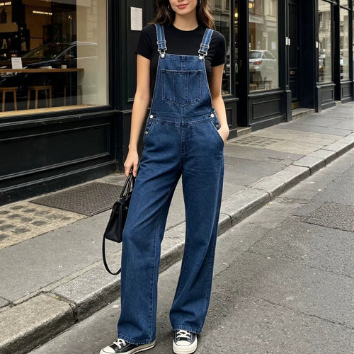 Damen nan weite Denim-Latzhose mit hoher Taille, verstellbaren Trägern und lässigem Schlag EB