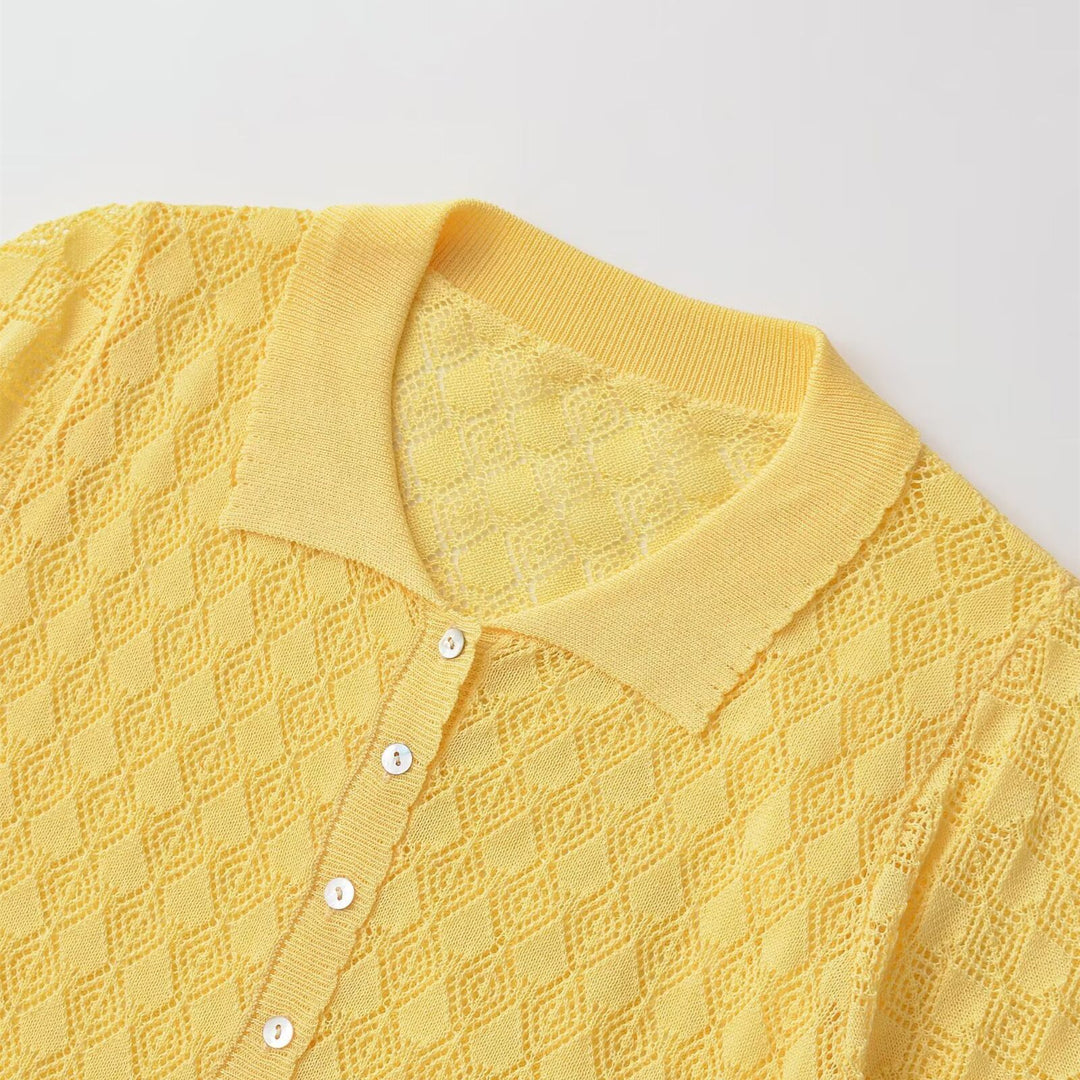 Damen Kurzarmpullover mit luftiger Lochstruktur und elegantem Kragen EB