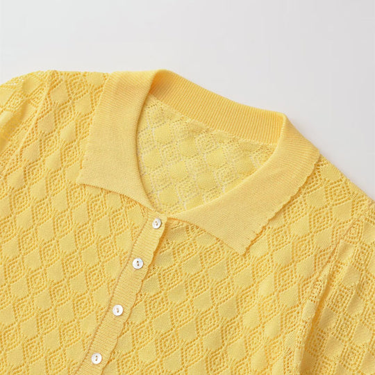 Damen Kurzarmpullover mit luftiger Lochstruktur und elegantem Kragen EB