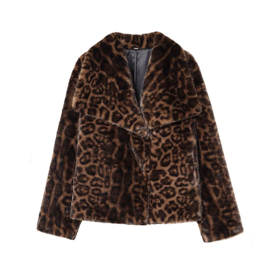 Damen nan kurze Kunstfelljacke mit Wildmuster, V-Ausschnitt und taillierter Silhouette EB