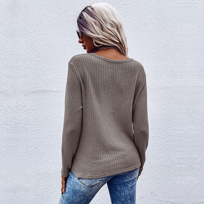 Damen lässiger V-Ausschnitt Pullover mit Knopfdetails und Knotendesign EB