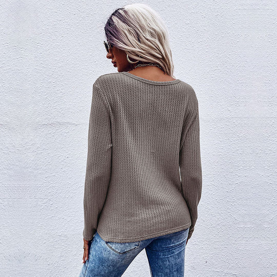 Damen lässiger V-Ausschnitt Pullover mit Knopfdetails und Knotendesign EB