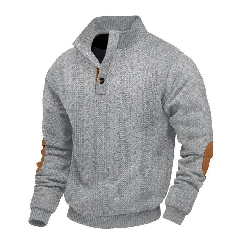 Herren nan Zopfmuster-Pullover mit Stehkragen, halber Knopfleiste und Ellbogenpatches EB