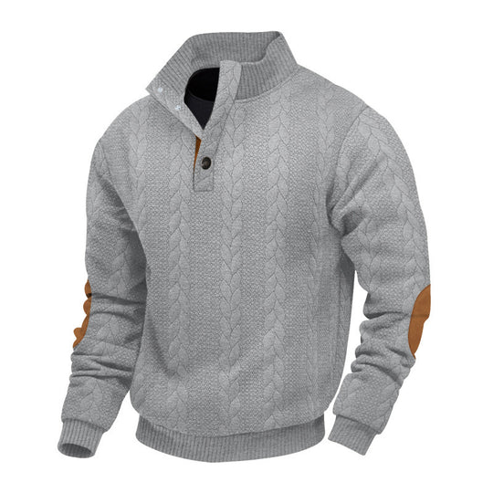 Herren nan Zopfmuster-Pullover mit Stehkragen, halber Knopfleiste und Ellbogenpatches EB