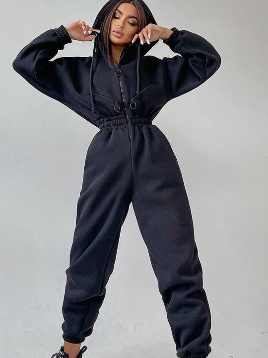 Damen Taillierter Kapuzen-Sweat-Jumpsuit mit Reißverschluss und elastischem Taillenbund EB