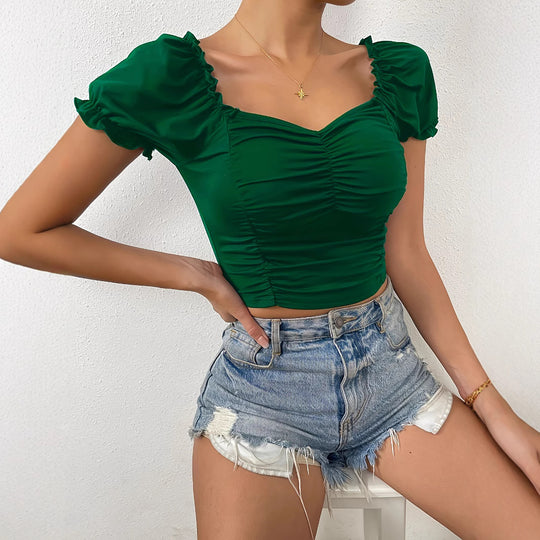Damen figurbetontes Crop-Top mit Puffärmeln und Raffung EB