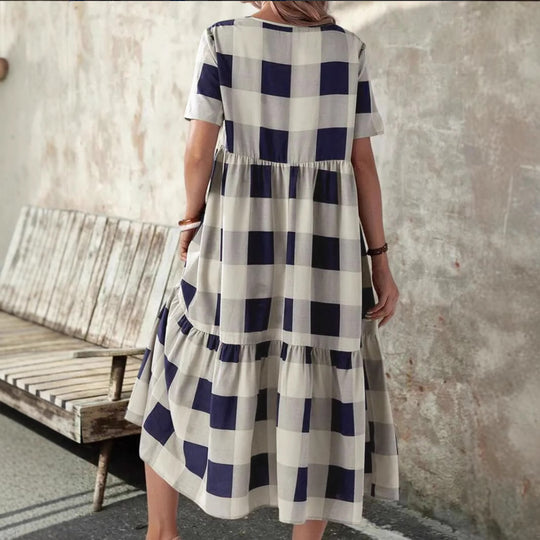 Damen Langarmkleid mit modischem Karomuster und fließendem Schnitt EB