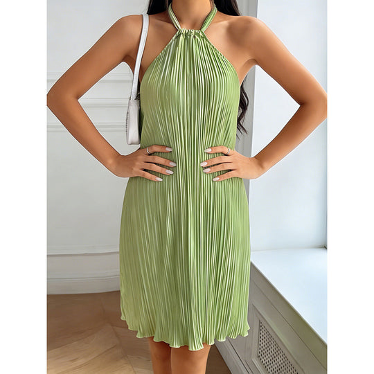 Damen Plissiertes Sommerkleid mit Neckholder und fließendem Schnitt EB