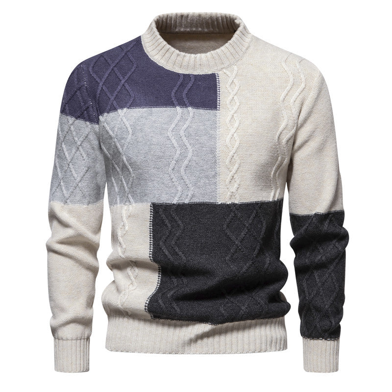 Herren Strickpullover mit modernem Zopfmuster und buntem Blockdesign EB