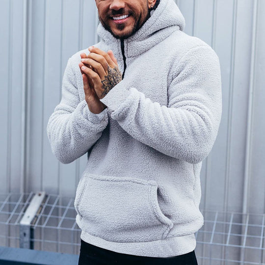 Herren nan kuscheliger Sherpa-Hoodie mit Kängurutasche und hohem Kragen EB