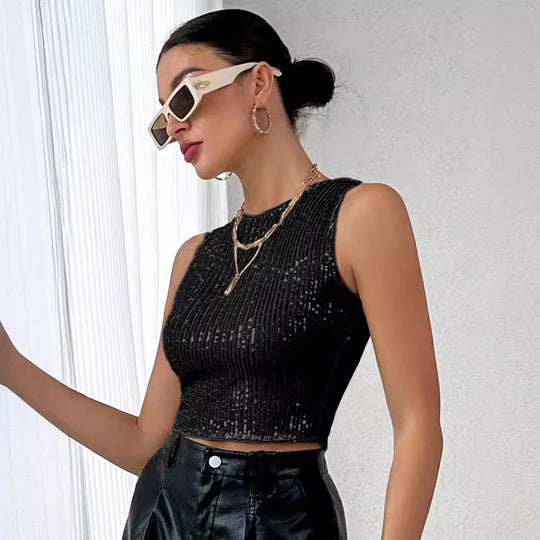 Damen Glitzerndes Crop-Top mit geripptem Design EB