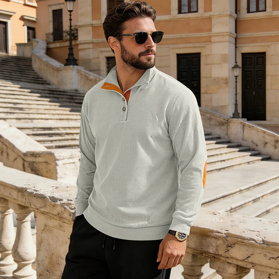 Herren nan fein gerippter Strickpullover mit Polokragen Knopfleiste und Ellenbogenbesatz EB