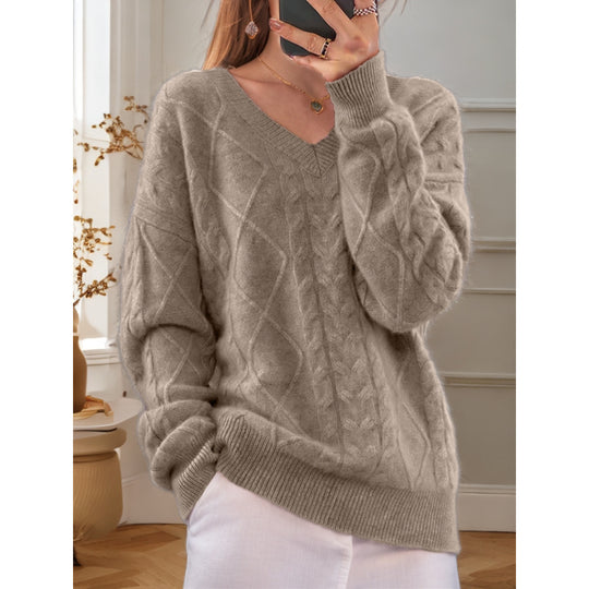 Damen nan kuscheliger V-Ausschnitt Zopfmuster-Pullover mit Oversize-Schnitt und Rippabschlüssen EB