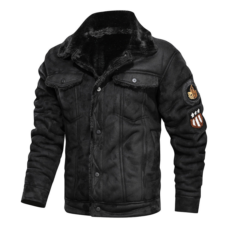 Herren Lammfellimitat Truckerjacke mit Kunstfellfutter und Abzeichen EB