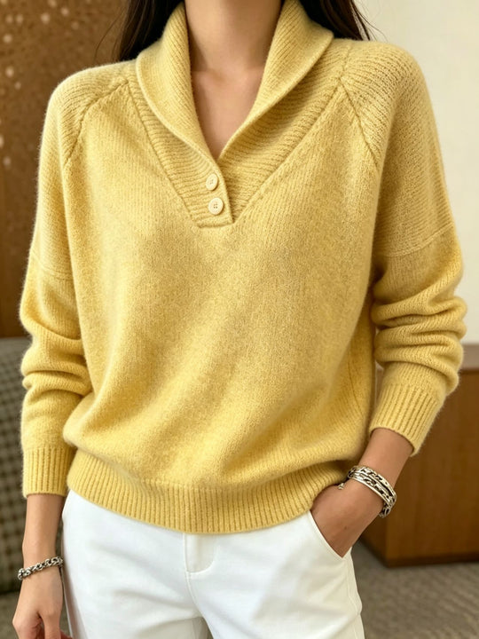 Damen Weicher Schalkragen‑Pullover mit halber Knopfleiste und Raglanärmeln EB