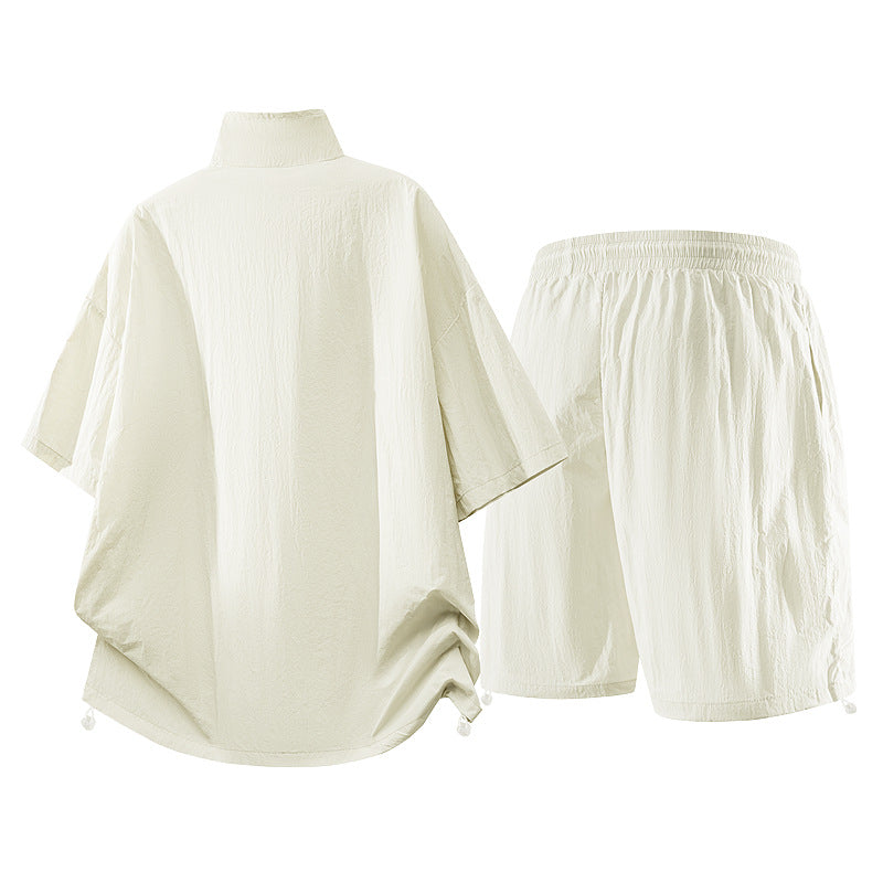 Herren nan oversized sportliches Freizeit-Set mit Halbzip, Stehkragen und elastischen Cargo-Shorts EB