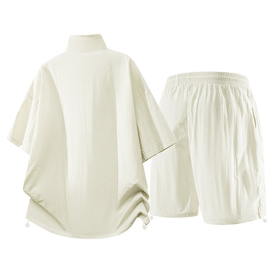 Herren nan oversized sportliches Freizeit-Set mit Halbzip, Stehkragen und elastischen Cargo-Shorts EB