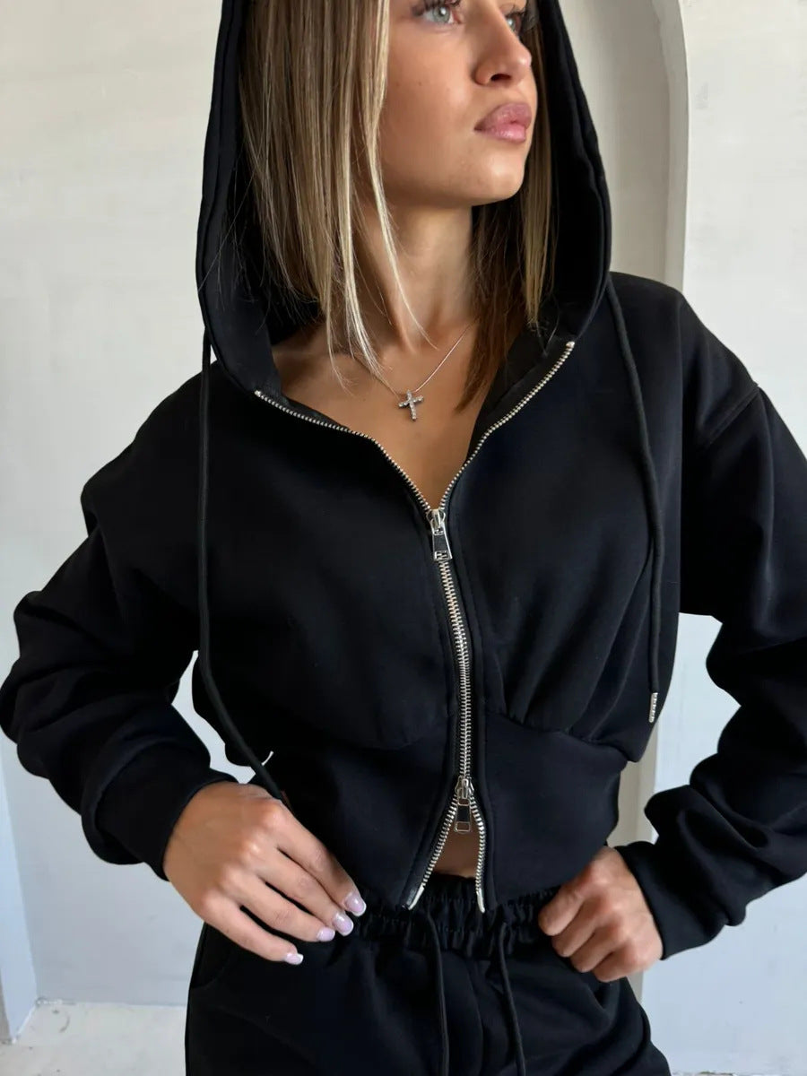 Damen Zweiteiliges Loungewear-Set mit gekürzter Zip-Kapuzenjacke und weitem High‑Waist Jogginghose EB