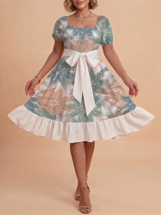 Damen elegantes Maxikleid mit floralem Design und Taillengürtel EB