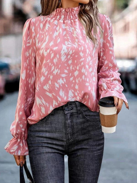 Damen Modische Bluse mit Rüschensaum und Animal-Print EB