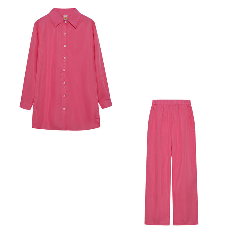 Damen Satin Pyjama Set mit langärmliger Bluse und weiten Hosen EB