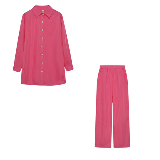 Damen Satin Pyjama Set mit langärmliger Bluse und weiten Hosen EB
