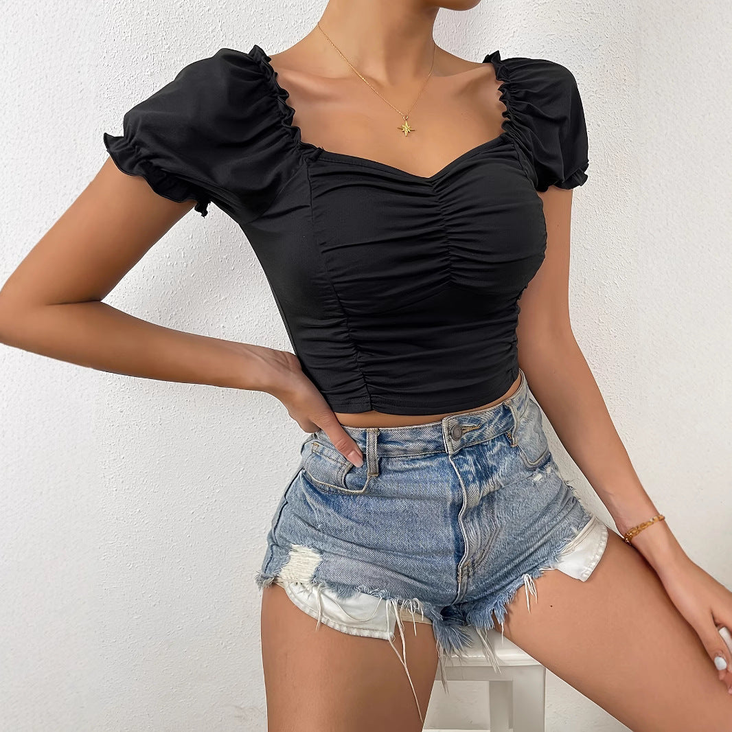 Damen figurbetontes Crop-Top mit Puffärmeln und Raffung EB