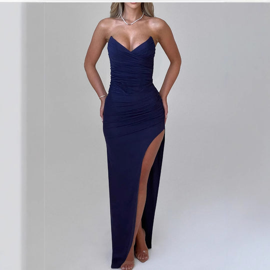 Damen Elegantes Wickelkleid mit schulterfreiem Design und hohem Schlitz EB